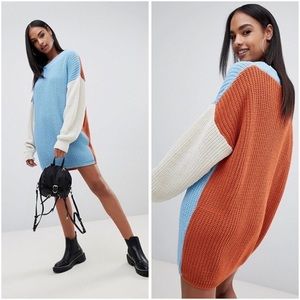 Pretty Little Thing Color block sweater dress blue and orange